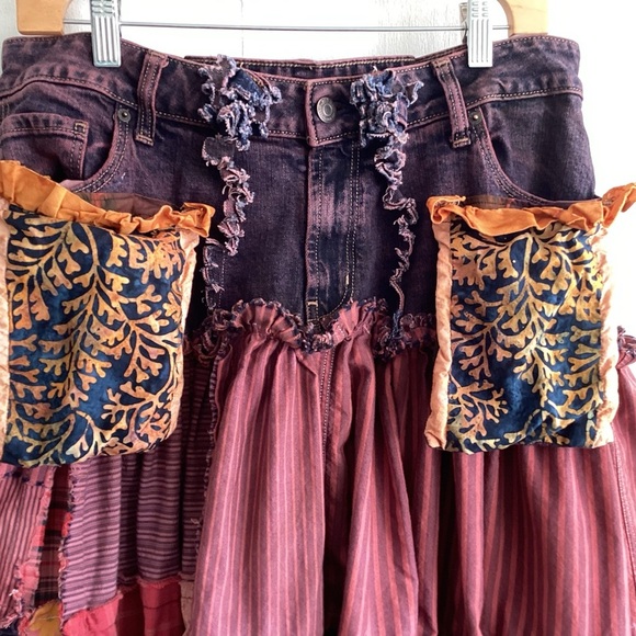 Upcycled Boho Tiered Jean Top Ruffled Hem Raw Edge Patchwork Midi Skirt Med to L - Picture 3 of 15
